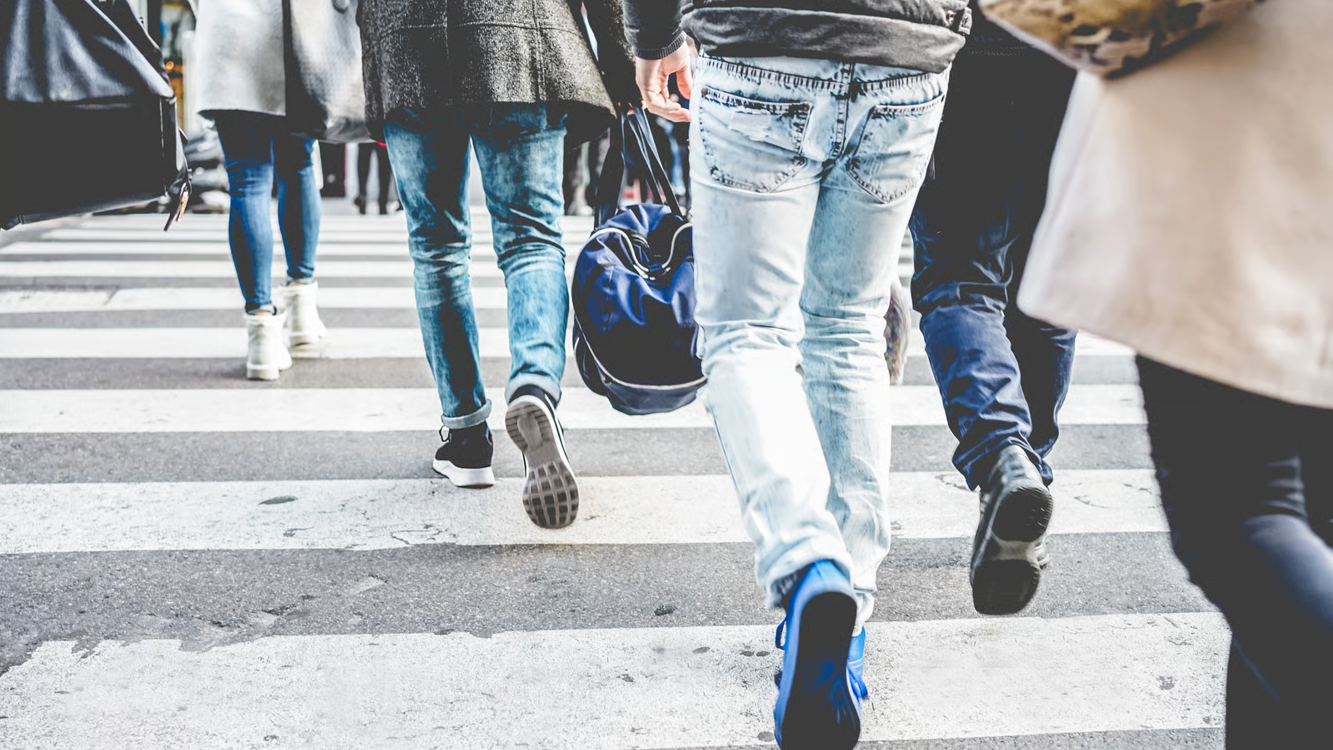 Crowd Of People Walking On Zebra Crossing Street City Center Concept Of Modern, Rushing, Urban